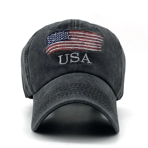 Detailed embroidery of USA letters and American flag on washed cotton baseball cap