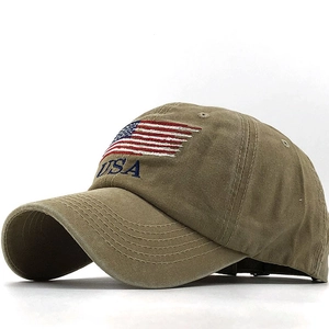 Vintage khaki washed cotton baseball cap with American flag and USA embroidery