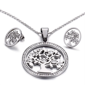 Silver stainless steel tree of life necklace and earrings set with sparkling crystals