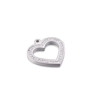 Elegant hollow heart pendant in silver stainless steel with sparkling diamond crystals