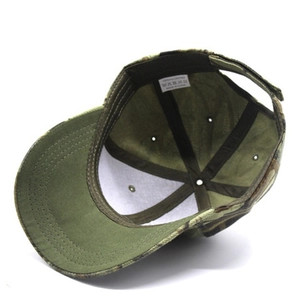 Army green camouflage baseball cap with polyester fabric shown from an inner perspective