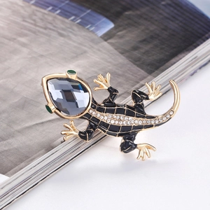 Exquisite gold alloy lizard brooch with black enamel, crystals and grey faceted stone