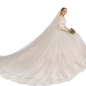Elegant white lace wedding dress with long train and embroidery detailing with veil