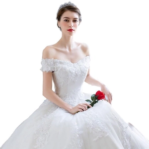 Elegant off-shoulder ball gown wedding dress with lace embroidery and sequins