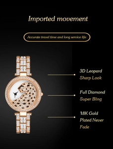 Detail of rose gold luxury watch with 3D crystal leopard dial and 18K gold plated steel band