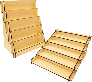Detail of 6-tier wooden display stand with natural wood grain and laser-cut edges