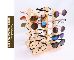 Double-sided wooden eyewear display stand with 20 slots for sunglasses and frames
