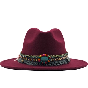 Ethnic burgundy wool fedora hat with turquoise beads and tassel decoration