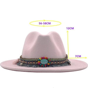 Pink wide brim wool fedora hat with ethnic woven band and colorful bead tassel