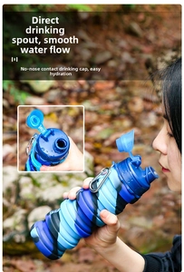 Close-up of portable camouflage silicone water bottle with flip-top lid and carabiner