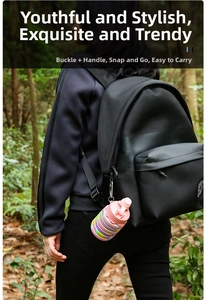 Outdoor silicone collapsible bottle with metal carabiner clipped to a backpack