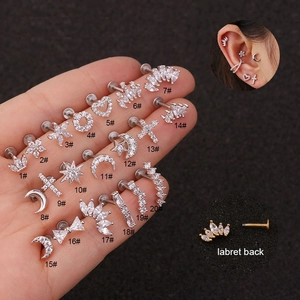 Stainless Steel Cubic Zirconia Lip Rings Flat Back Labret Studs Cartilage Earrings Crown Heart Moon Piercing Jewelry