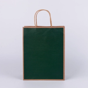 Front view of green kraft paper shopping bag with sturdy natural paper rope handles