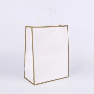 White kraft paper shopping bag with elegant gold trim and twisted paper handles