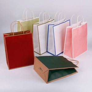 Custom multi-color kraft paper shopping bags with twisted handles in various sizes