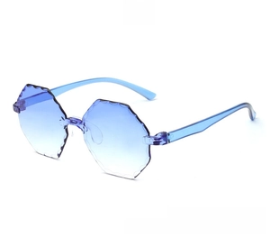 Detail showing blue gradient polygon lens with scalloped edge and light blue temples