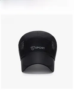 Detailed view of black breathable quick-dry sports cap with mesh side panels and SPORT logo