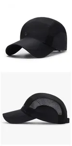 Detail of black quick-dry sport cap with breathable mesh side panels and SPORT logo