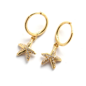 Elegant gold S925 sterling silver hoop earrings with sparkling starfish crystal charms