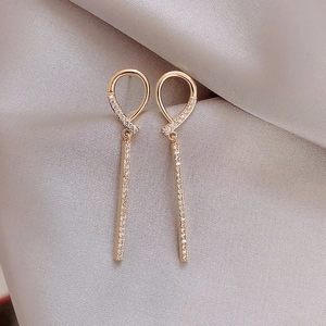 Long Dangle Drop Earrings With 925 Sterling Silver Earring Post Alloy Rhinestone Geometric Twisted Knot Bar Elegant Women