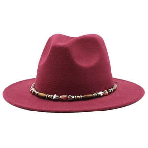Wine red wide brim wool fedora hat with bohemian beaded band for women and men