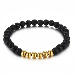 Natural Black Lava Stone Beaded Bracelet With Polished Stainless Steel Beads Minimalist Punk Style For Men Women