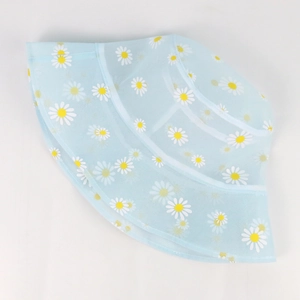 Cappello a secchiello in rete azzurro con margherite per protezione solare traspirante
