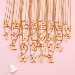 Initial Alphabet Pendant Necklace Stainless Steel Bamboo Texture Gold Color With Zircon Fashion Jewelry For Women