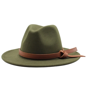 Classic olive green wool fedora hat for men and women with brown leather band