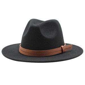 Classic black wool fedora hat with brown leather band for women in winter
