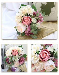 Détails d'un bouquet de mariage artificiel avec pivoines roses et hortensias