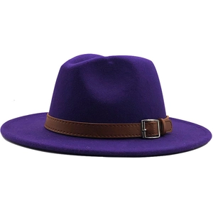 Deep purple wool felt fedora hat with a brown faux leather band and silver metal buckle
