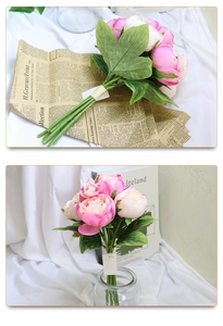 Detailed macro view of pink and white faux peony petals with layered textures and green leaves