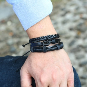 Set of 3 vintage black woven leather bracelets with fish hook clasp and rope knots