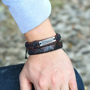 Men's retro braided leather bracelet set with Dream engraving on a metal plate