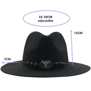 Black western cowboy straw hat with bull skull decor and adjustable fit for sun protection
