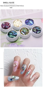 Detailed view of six natural iridescent abalone shell slices for professional nail art