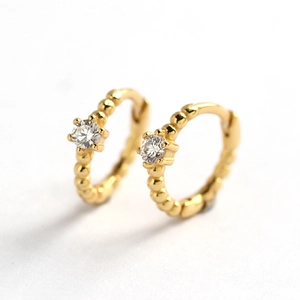 925 Sterling silver gold beaded huggie hoop earrings with sparkling cubic zirconia stone