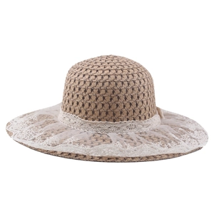 Women's straw sun hat with white lace ribbon and large brim for beach vacation