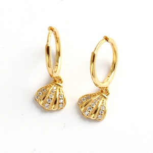 S925 sterling silver gold shell hoop earrings with sparkling rhinestones for women