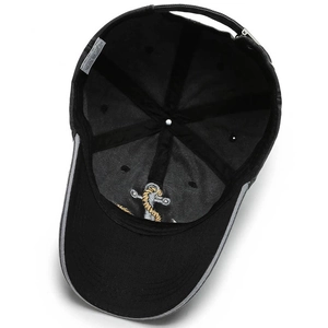 Black cotton baseball cap with embroidered anchor and internal washing label detail