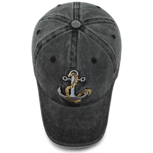 Deep grey washed cotton baseball cap with embroidered anchor and rope pattern on white background