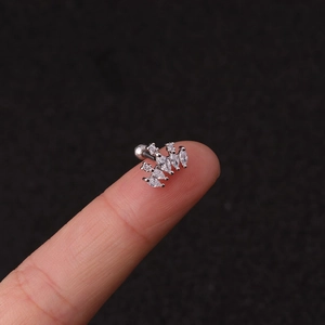 Silver stainless steel leaf helix stud with clear marquise zircon stones on finger