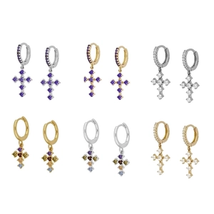 Detailed view of S925 silver hoop earrings with zircon crosses in gold and silver finishes