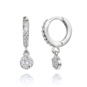 Elegant silver geometric hoop earrings with sparkling zircon inlay on white background