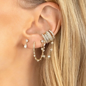 Golden S925 needle double hoop earrings set with rhinestones and ear bone clips