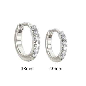 Sparkling S925 silver hoop earrings with round zircon stones in 10mm and 13mm sizes