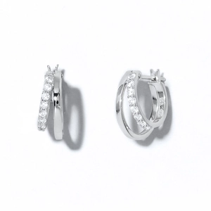 Silver S925 geometric double hoop earrings with sparkling rhinestones for women