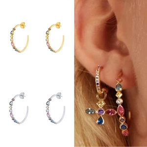 S925 silver needle C-shaped earrings with colorful zircon stones on gold and silver base