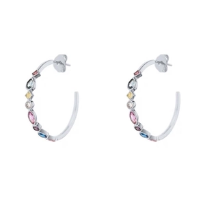 C-shaped silver earrings with colorful zircon stones in teardrop and square shapes